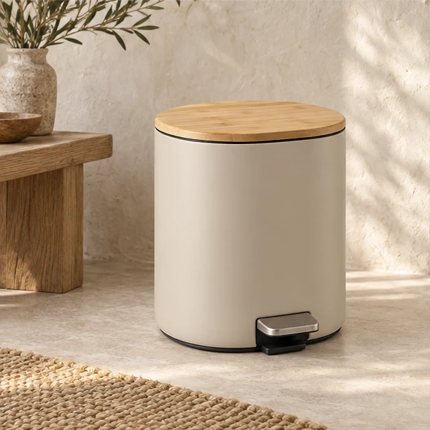 Moku bamboo-lid pedal bin in a quiet natural interior